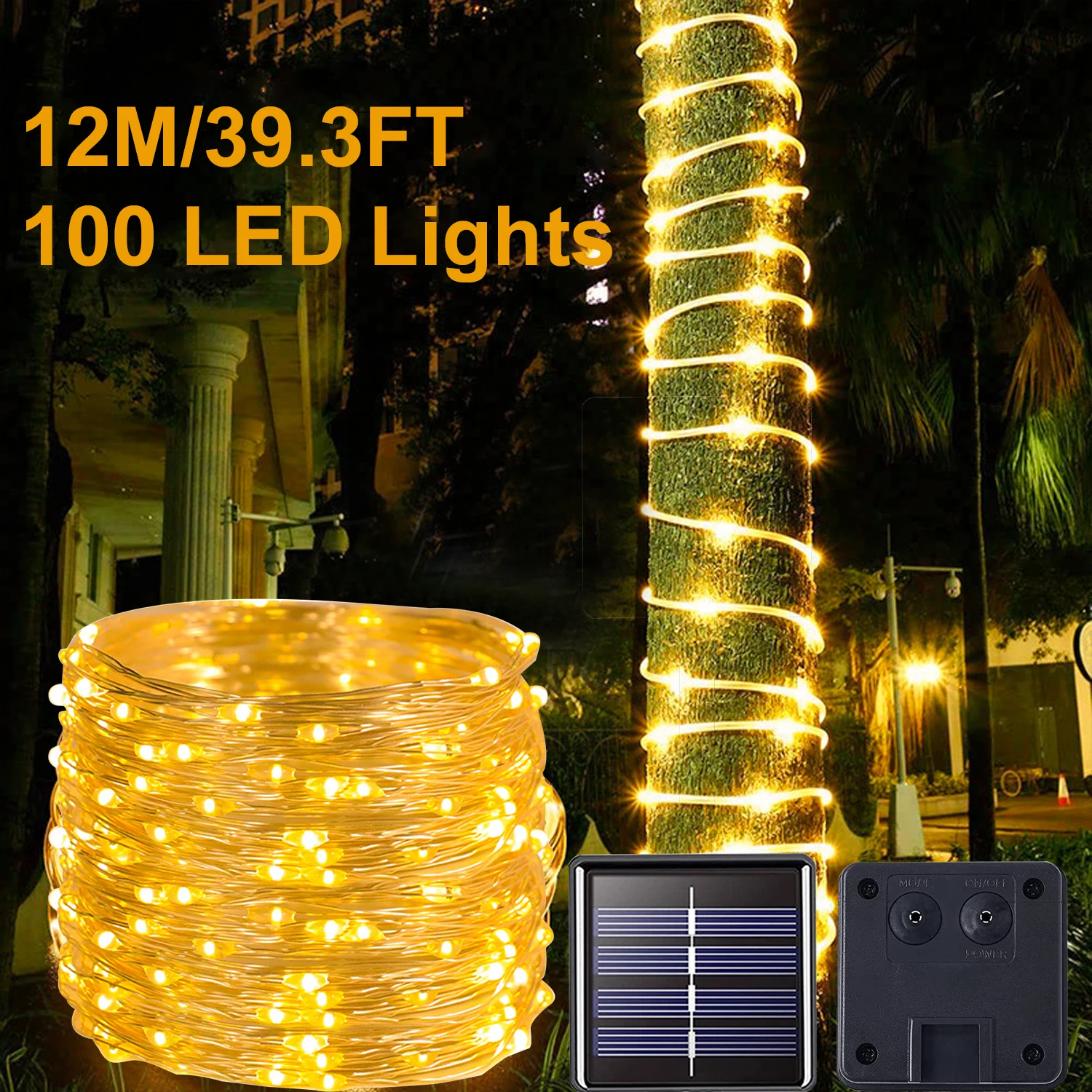 100 м / 39,3 фута солнечных наружных светильников 100 светодиодных канатных фонарей, водонепроницаемых IP65 для декора внутреннего дворика, струнных светильников для рождественского декора