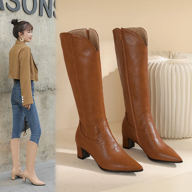 2021 Новые Высококачественные сапоги до колена в западном стиле из искусственной кожи, женские модные женские туфли на низком каблуке с острым носком на молнии, Bottine Femme