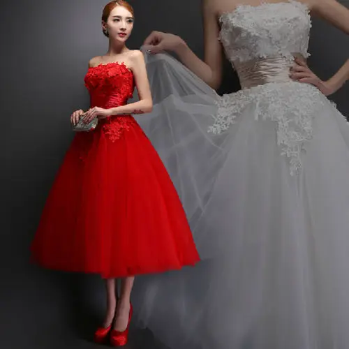 2023 Горячие свадебные платья длиной до белого / красного чая без бретелек, без рукавов с аппликациями, свадебные платья на заказ Плюс ZY4615