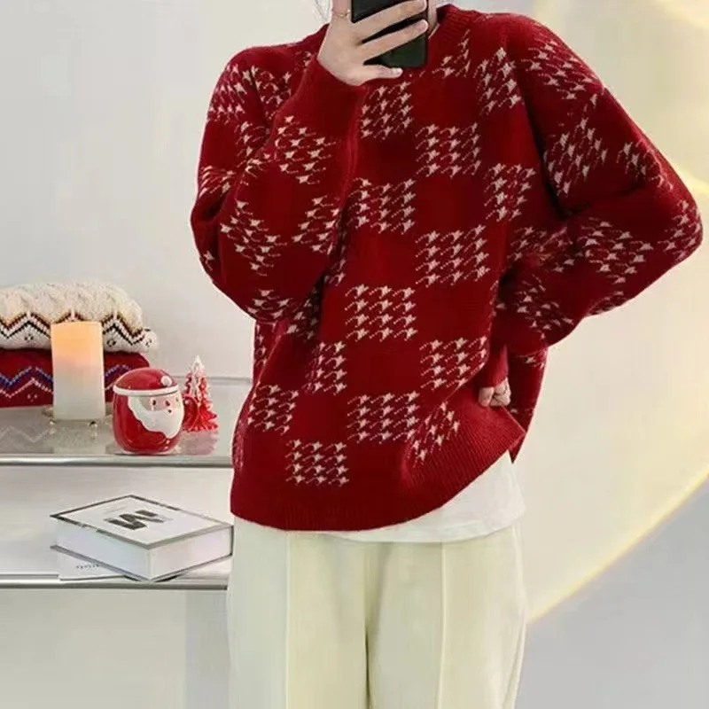 2023 Свободный свитер женский в корейском стиле колледжа, пуловер в клетку, Женский Осенне-зимний Новый пуловер, вязаный топ