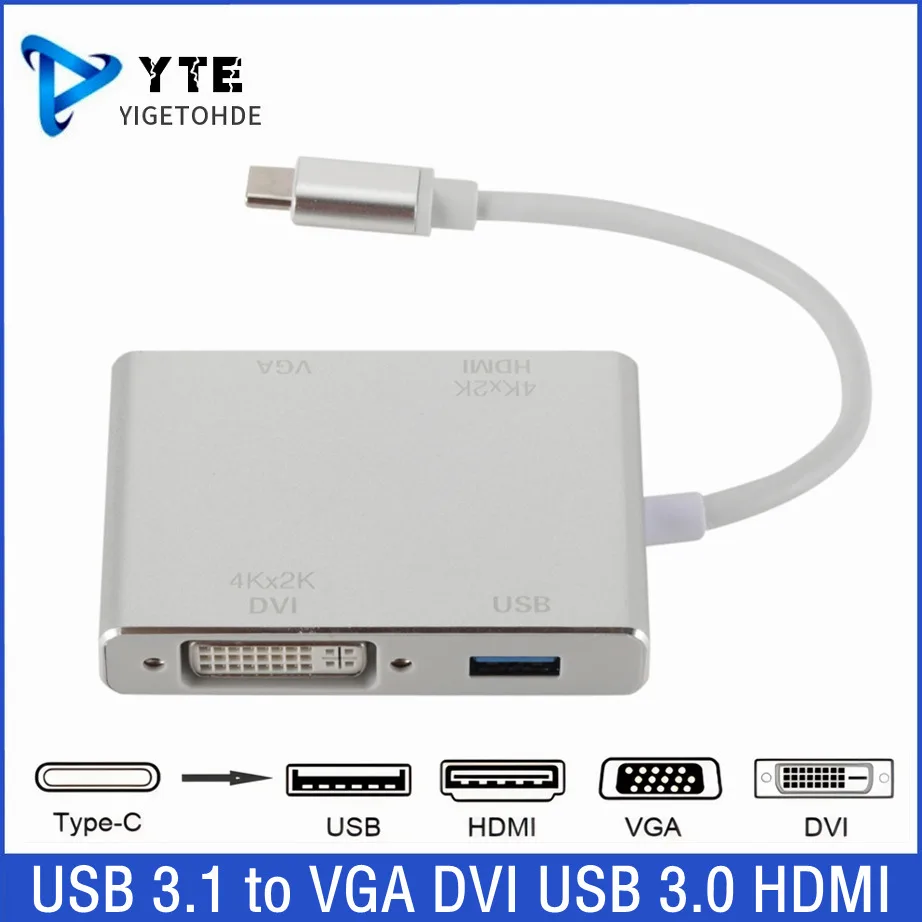 4 в 1 4k USB 3.1 TYPE C к VGA DVI USB 3.0 HDMI-совместимый Кабель-Адаптер Для Ноутбука, Проектора, USB C Концентратора, Разветвителя