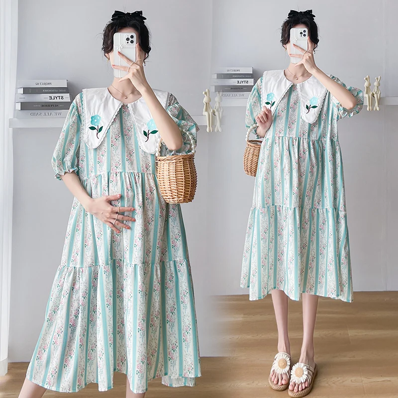 623 # 2023 Летнее Корейское модное платье Миди с принтом для беременных, элегантная стильная Свободная Прямая одежда для беременных женщин, беременность