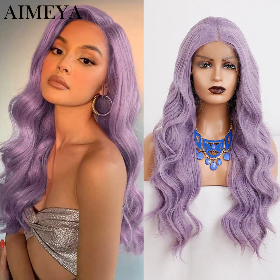 AIMEYA Body Wave Синтетические Кружевные парики спереди для чернокожих женщин, фиолетовый Предварительно Выщипанный Фронтальный парик из Термостойкого волокна, Косплей-парики