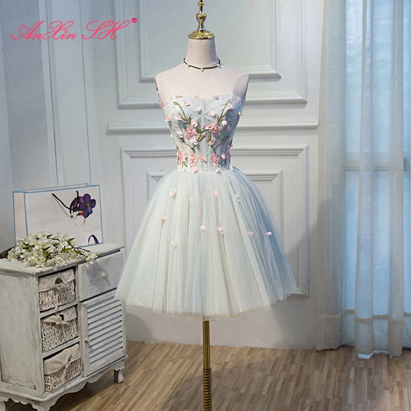 AnXin SH, вечеринка с маленьким розовым цветком, корейская элегантная ароматная короткая милая принцесса, голубое кружевное короткое вечернее платье, маленькое белое платье