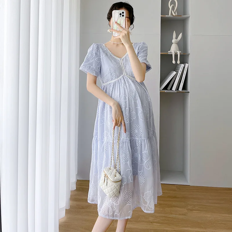 CARECODE Корейское модное платье для беременных, Элегантная одежда для беременных, Летнее Кружевное Свободное платье миди трапециевидной формы с высокой талией, открытое,