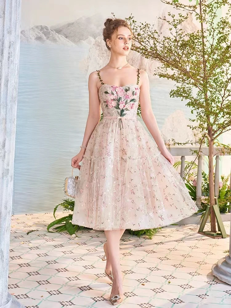 DALMAZZO, роскошное дизайнерское длинное платье с объемным цветком, 2023, Летнее женское платье на тонких бретельках с сетчатой вышивкой, повседневные платья