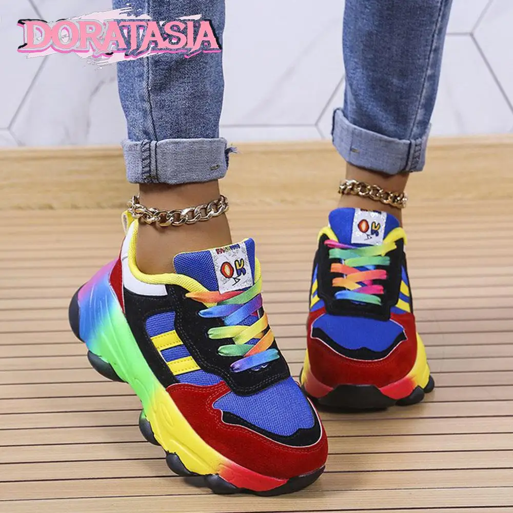 DORATASIA/ Разноцветные женские кроссовки, весенняя женская спортивная обувь на толстой танкетке и платформе со шнуровкой, повседневная женская обувь для отдыха, новый бренд
