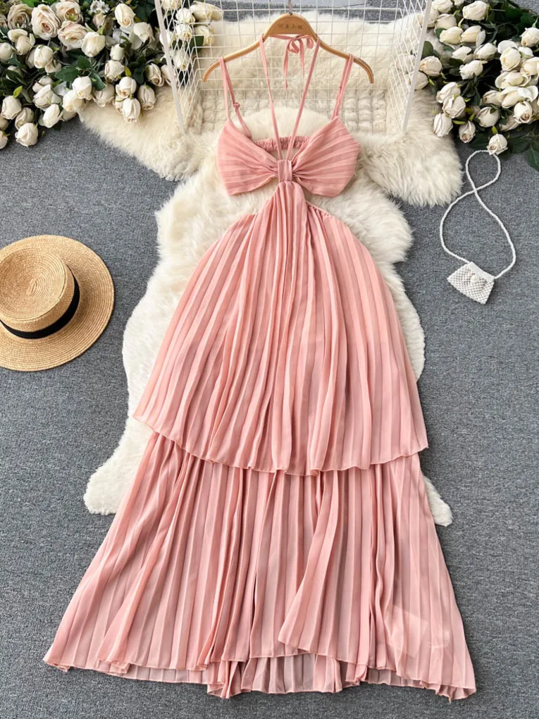 Foamlina Сексуальное Женское Летнее Розовое пляжное платье Макси с элегантным V-образным вырезом на бретельках, без рукавов, с вырезом на спине, Длинное плиссированное платье