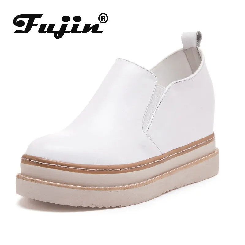 Fujin 4 см Женские Кроссовки 2023 года выпуска из натуральной кожи на платформе, танкетке, резиновые балетки, Дышащая Летняя женская повседневная обувь