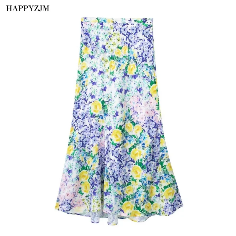 HAPPYZJM 2023 Новая Женская юбка с шелковой атласной текстурой с принтом, Модная юбка миди с высокой талией, Трендовый Праздничный Уличный стиль