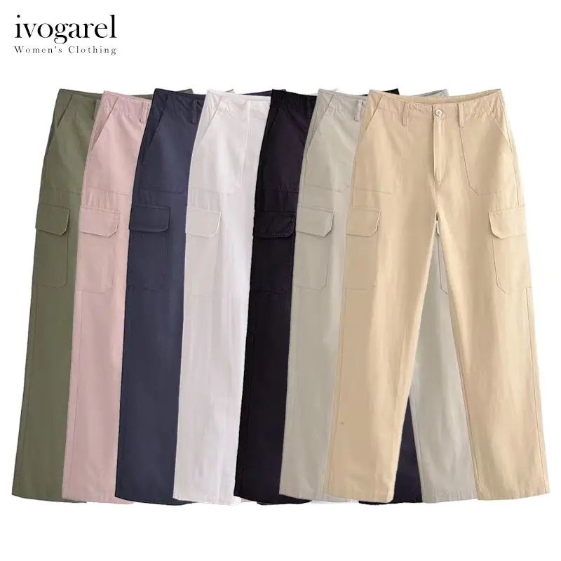 Ivogarel/ Высокие брюки-карго прямого кроя с накладными карманами, женские классические элегантные женские брюки, доступно несколько цветов.