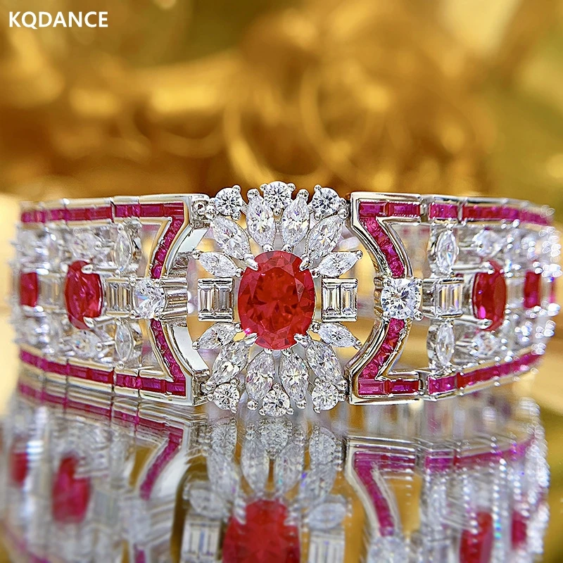 KQDANCE Винтажный Роскошный Цветок из стерлингового серебра 925 пробы с высокоуглеродистым Бриллиантом, созданный женщинами Рубиновый браслет с украшениями из красного драгоценного камня