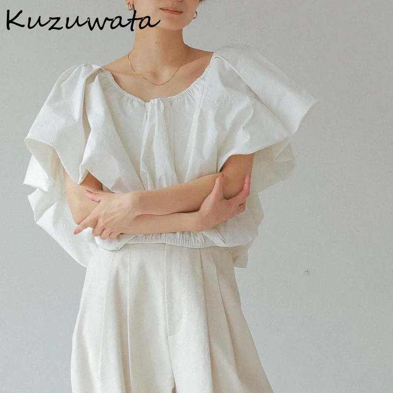 Kuzuwata Японская Мода Высокого Качества Mujer Blusa С вырезом лодочкой И Открытыми плечами, Двусторонняя Рубашка 2023, Летняя Темпераментная Женская Блузка
