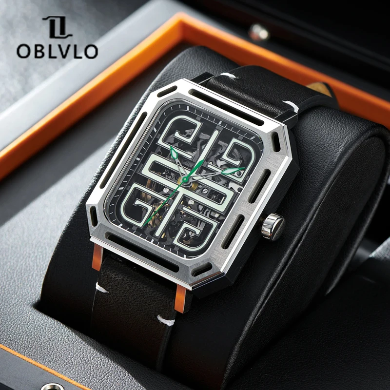 OBLVLO, Мужские деловые часы с прозрачным скелетом, ремень из натуральной кожи, Автоматические Механические часы, Водонепроницаемые суперсветящиеся часы