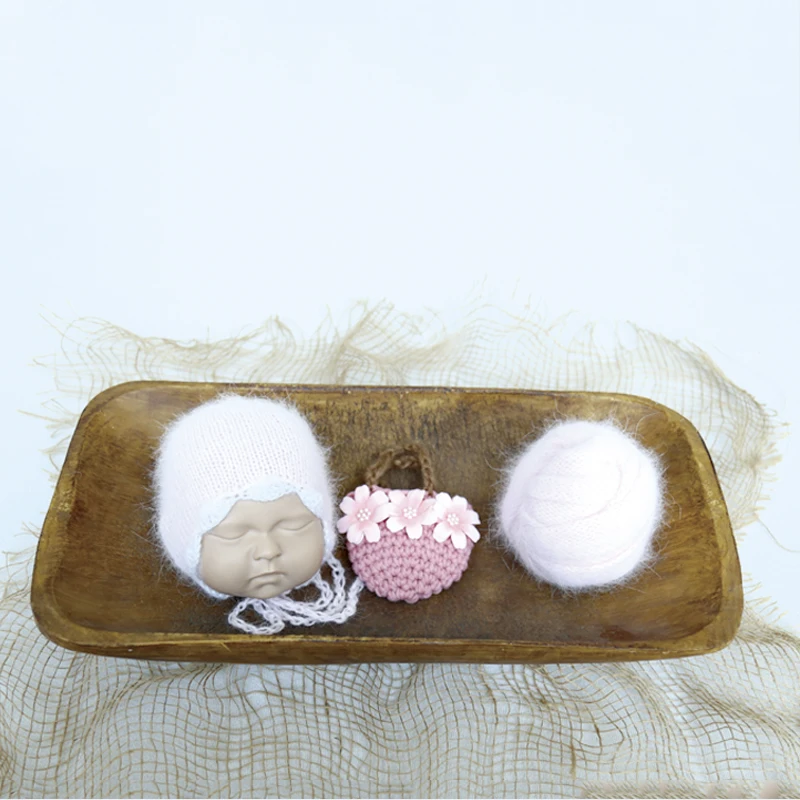 P & W Белая мягкая детская шапочка реквизит для фотосъемки новорожденных Fiower Розовая сумка мохеровая обертка 3 шт. Набор аксессуаров для студийной съемки