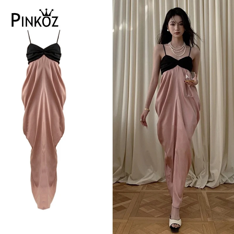 Pinkoz женское вечернее платье миди на бретельках в стиле пэчворк розово-черный камзол в стиле летней ночи, шикарный модный халат de muejr vestidos za