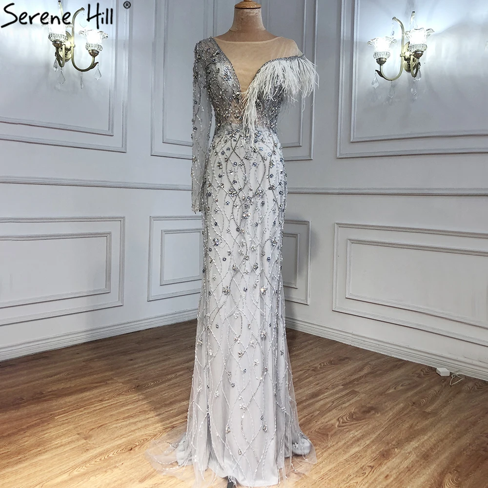 Serene Hill Серое Роскошное вечернее платье с перьями, расшитое бисером, 2023, Сексуальная Русалка на одно плечо для женщин, вечернее платье CLA71174