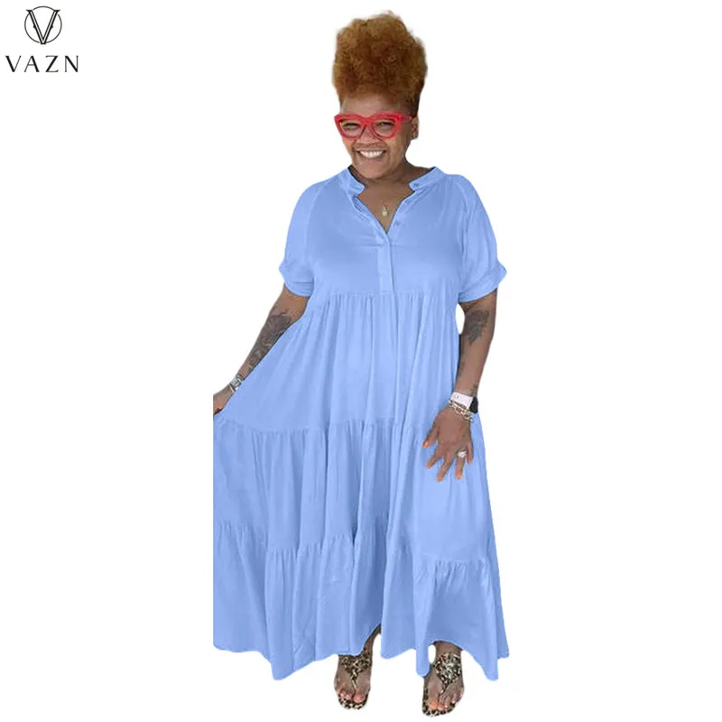 VAZN 2022 Africa Style Новое Женское Повседневное Длинное платье в уличном стиле, Однотонное платье длиной до щиколоток, платье с коротким рукавом и отворотом