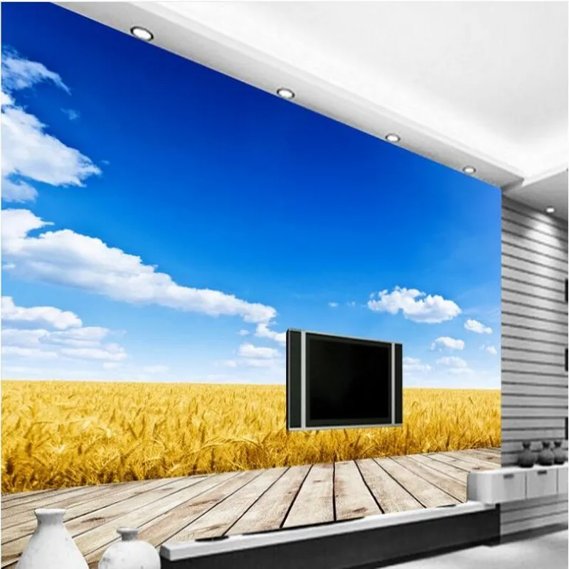 wellyu Пользовательские крупномасштабные фрески золотое пшеничное поле голубое небо и белые облака ТВ обои обои papel de parede