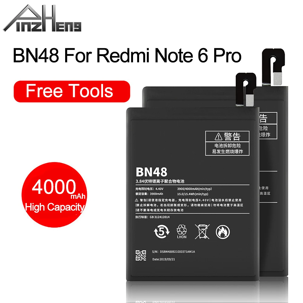 Аккумулятор PINZHENG BN48 4000 мАч для Xiaomi Redmi Note 6 Pro Высококачественная замена аккумулятора BN48 Bateria с бесплатными инструментами