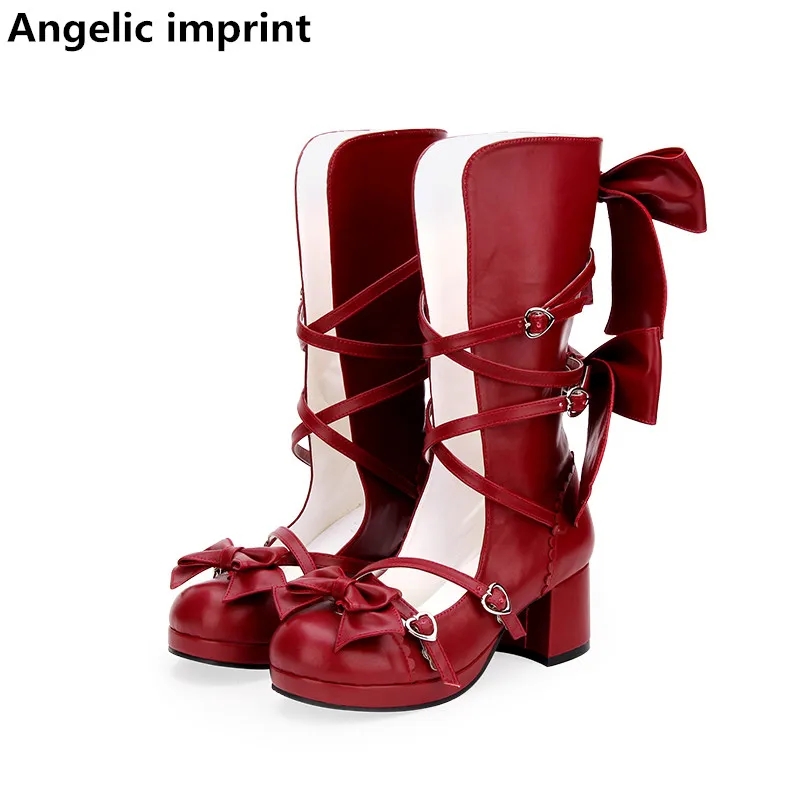 Ангельский отпечаток, mori girl, Женская милая красивая обувь, женские ботинки в стиле лолиты на высоком каблуке, вечерние туфли-лодочки с бабочкой, платье принцессы 33-47