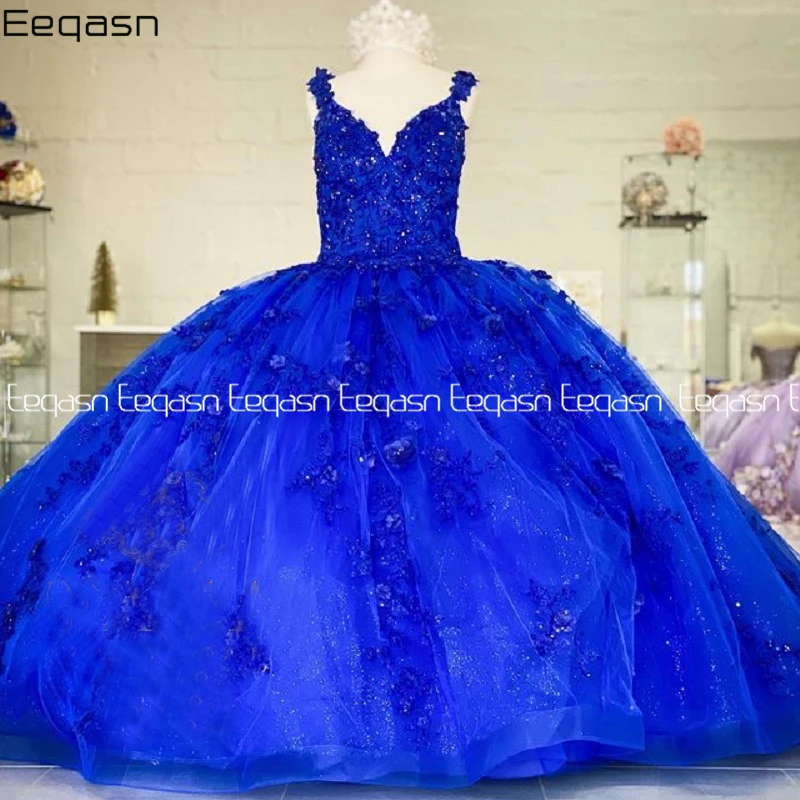 Бальное платье принцессы, пышные платья на бретельках, королевское синее кружево, расшитое бисером, вечерние платья для выпускного вечера из тюля Sweet 16 Girls 