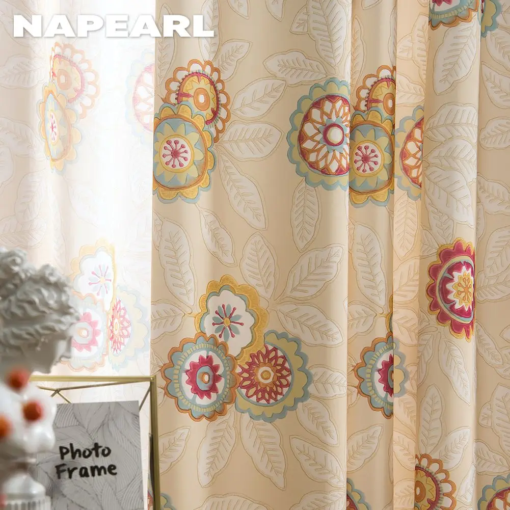 Бежевый занавес NAPEARL Современные оконные шторы с цветочным принтом, затемняющие шторы для гостиной, оконный занавес