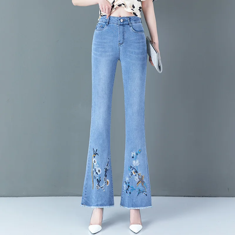 Бесплатная доставка 2022 женщины весна и осень новый микро-расклешенные вышитые джинсы с высокой талией прямые ноги тонкие повседневные брюки