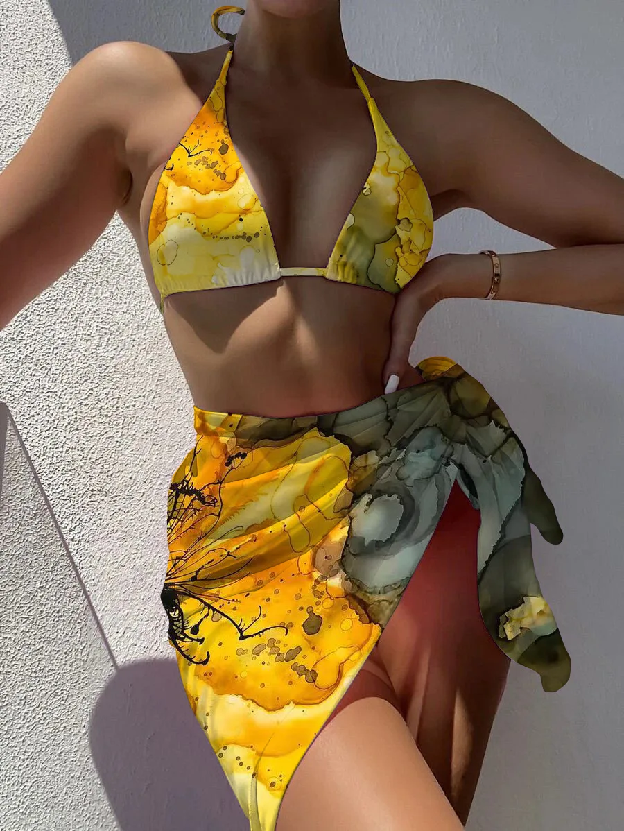 Бикини, комплект из трех предметов, женский летний пляжный купальный костюм, купальники, женский раздельный купальник-слинг, Пляжный отпуск, вечеринка, сексуальный