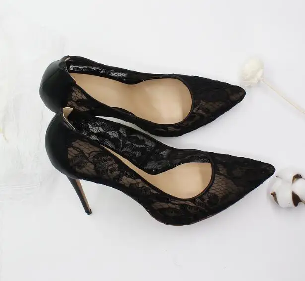 брендовая женская обувь, сексуальные черные кружевные вышитые туфли-лодочки на высоком каблуке, плюс размер 45, женская летняя обувь с острым носком, дышащие модельные туфли