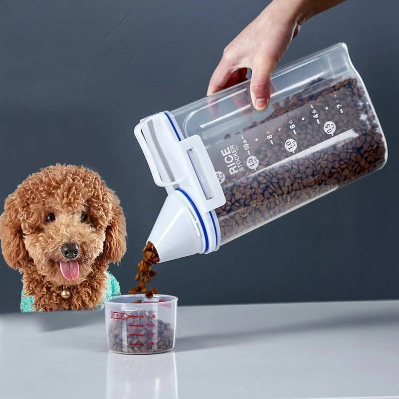 Ведро для корма для собак и кошек Пластиковый Резервуар для хранения с мерным стаканом Контейнер Влагостойкая герметичная банка Аксессуары для зоотоваров