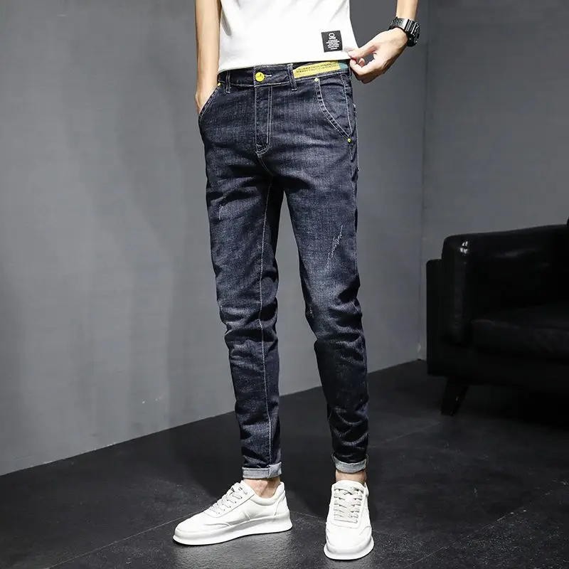 Весенне-осенняя темно-синяя Повседневная Стильная джинсовая одежда Карго Harajuku, модная дизайнерская одежда для мужчин, облегающие мужские джинсовые брюки-бойфренды