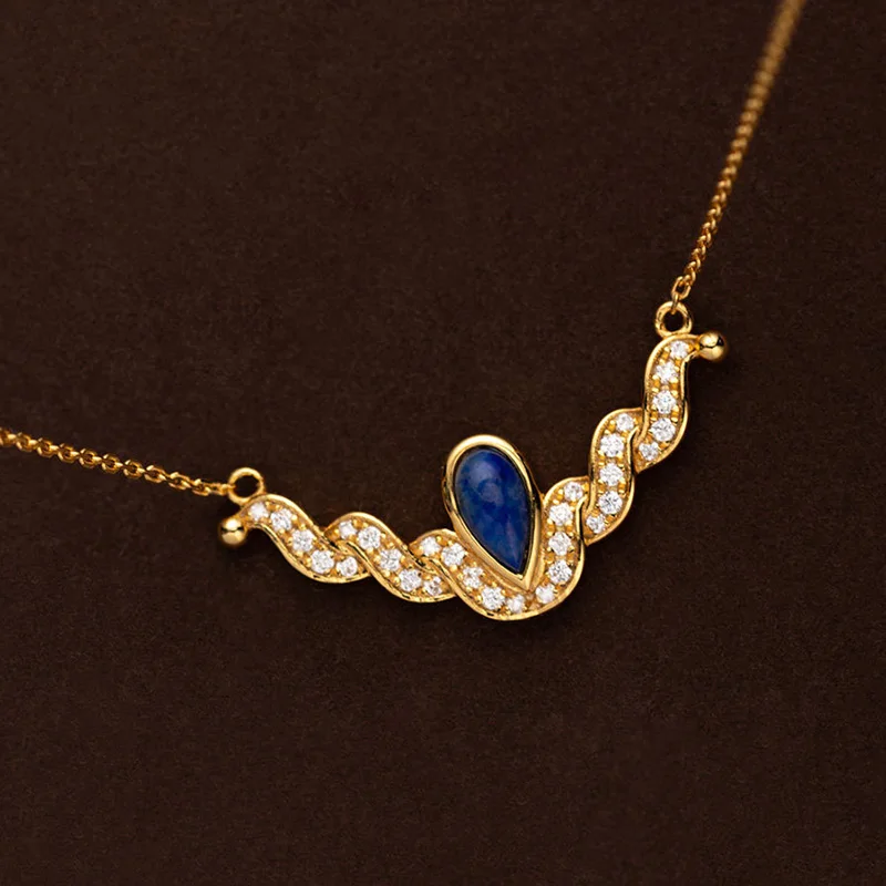 Винтажное модное ювелирное ожерелье с подвеской из натурального камня и нержавеющей стали синего цвета для женщин, оригинальный корейский дизайн, хрустальное колье в подарок