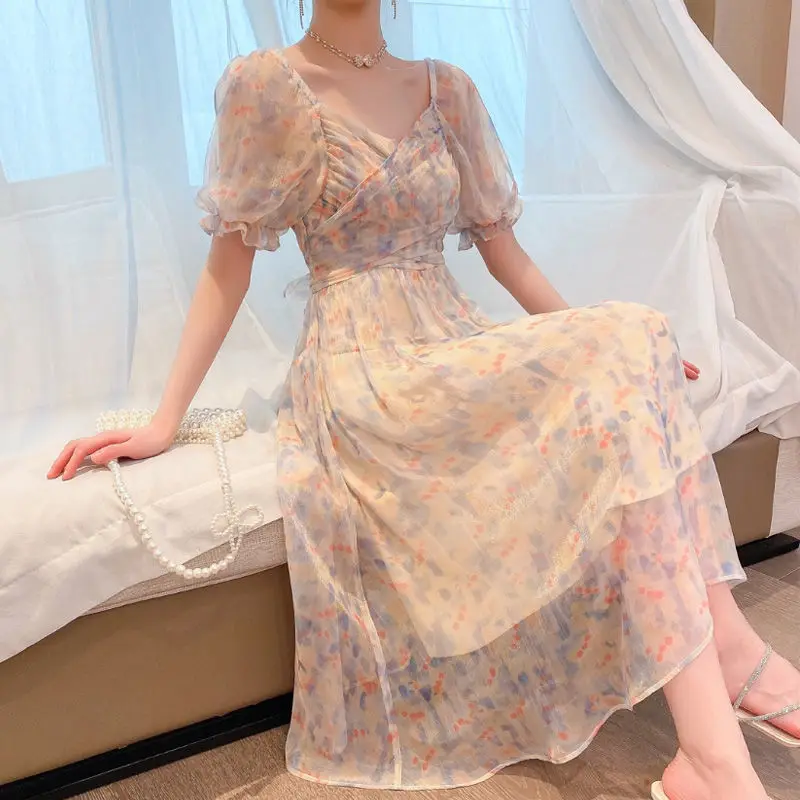 Винтажный Цветочный принт во французском стиле, Сетчатое длинное платье Макси с пышными рукавами, Шифоновое платье, повседневная праздничная вечеринка, Желтое платье с масляной росписью