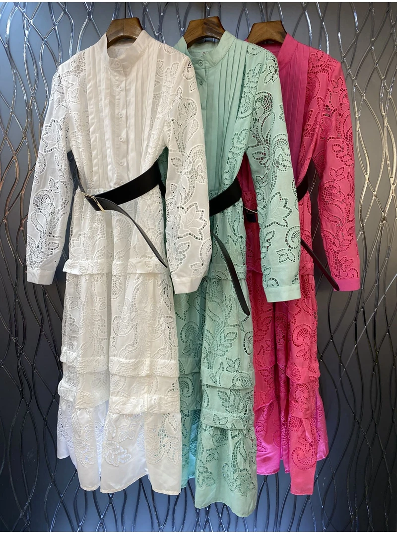 Высококачественное Новое Весеннее Женское платье 2023 года с открытой спиной, поясом с вышивкой, Деко С длинным рукавом, Синее, Розовое, Белое Макси-платье XL