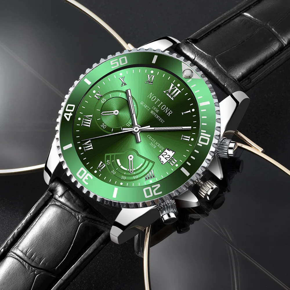 Деловые часы 2023 Взрывоопасный Зеленый водяной призрак Мужские часы Модные водонепроницаемые кожаные кварцевые часы с датой, светящиеся мужские часы