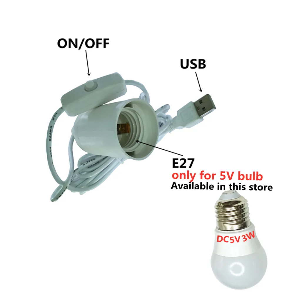 Держатель лампы USB E27 подключите кабель USB от USB к держателю лампы E27 Лампа E27 использует питание от USB