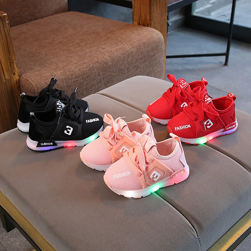 Детская спортивная обувь со светящимися светодиодными лампочками, Новые повседневные кроссовки для мальчиков, Дышащая обувь для девочек, Сетчатая обувь, кроссовки для бега