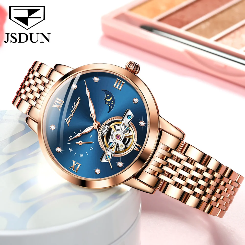 Женские автоматические механические часы JSDUN Skeleton, роскошное женское платье из розового золота, ремешок из нержавеющей стали, наручные часы Reloj Mujer