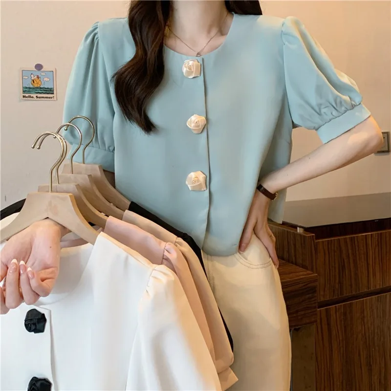 Женские блузки, новая женская рубашка с коротким рукавом в китайском стиле, круглый вырез, Летний Французский винтажный топ, однотонная женская одежда.