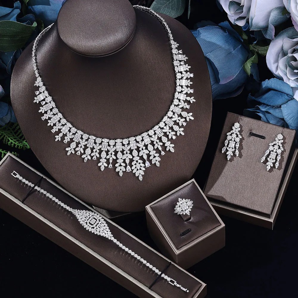 Женские комплекты украшений для официальной вечеринки, ожерелье с кубическим цирконием в виде капли воды, серьги, браслет, кольцо, высококачественное индийское кольцо
