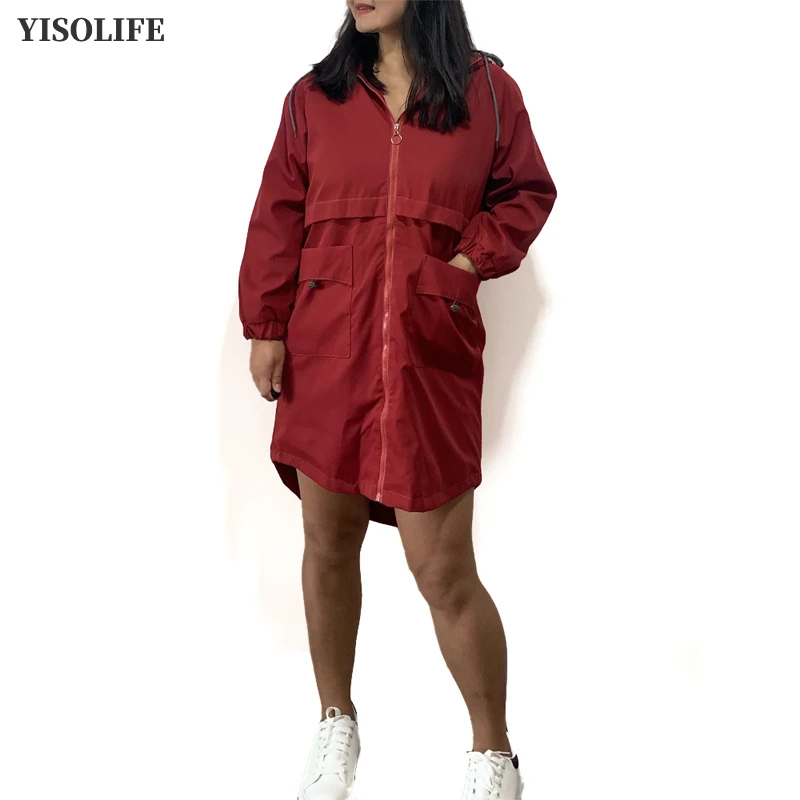 Женские куртки свободного покроя YISOLIFE, тренч с капюшоном, куртка на молнии с длинным рукавом и карманами, идеально подходящая для активного отдыха