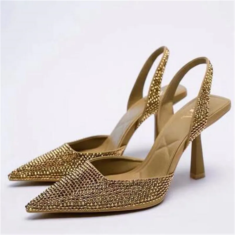 Женские роскошные туфли-лодочки на высоком каблуке с золотыми стразами, женские мерцающие босоножки на высоком каблуке, женские вечерние туфли на высоком каблуке с острым носком