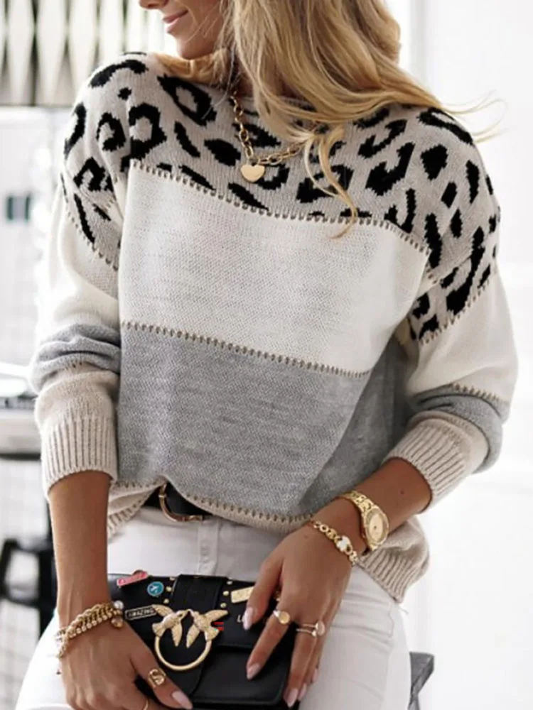 Женские свободные пуловеры в стиле пэчворк с длинным рукавом, повседневные свитера с круглым вырезом, осенне-зимние вязаные джемперы с леопардовым принтом, топы