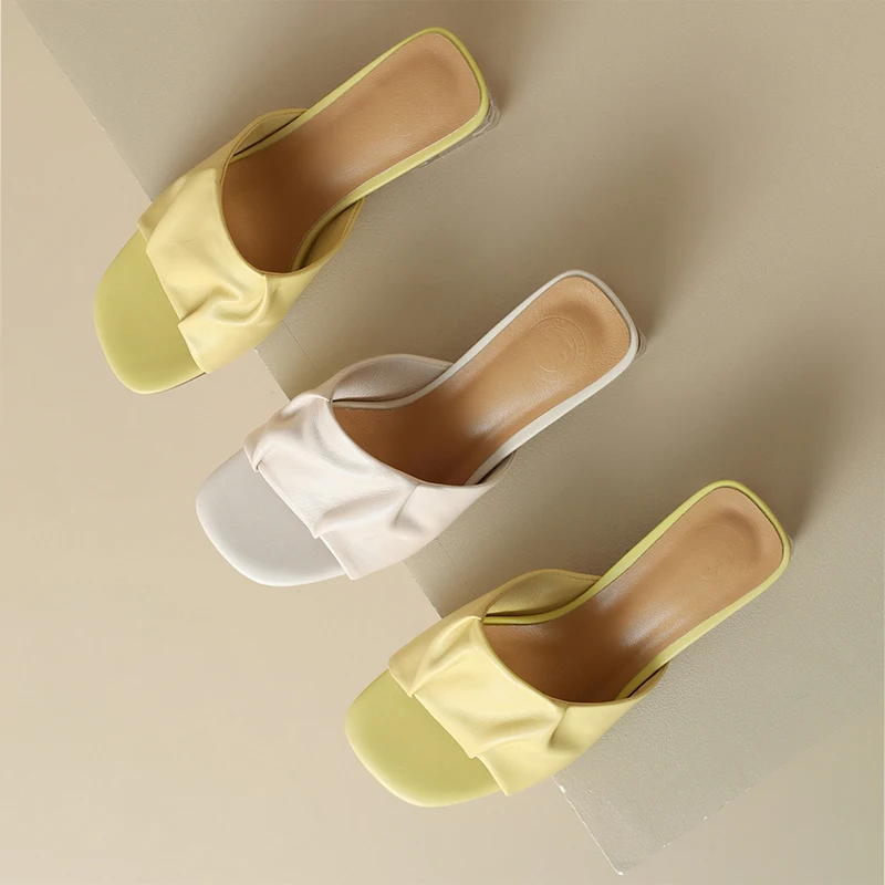 Женские тапочки на толстом каблуке, элегантные бело-желтые современные тапочки из натуральной кожи, лаконичная однотонная мода T9