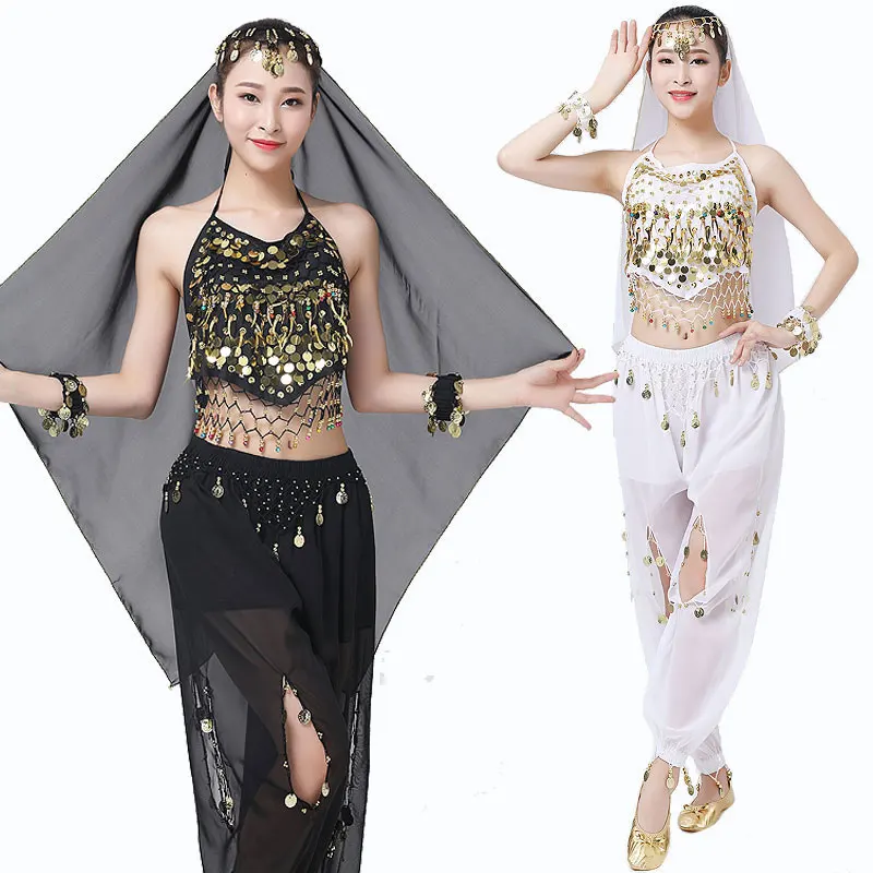 Женский комплект костюмов для танца живота в Болливуде, Индийские танцевальные костюмы, Сари, брючный костюм для танца живота, шифон, 3 шт. комплектов
