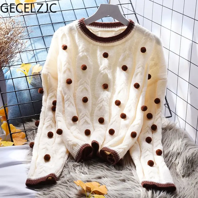Женский свитер GECELZJC, офисные женские прямые топы с длинными рукавами и круглым вырезом, женский зимний короткий пуловер в японском стиле.