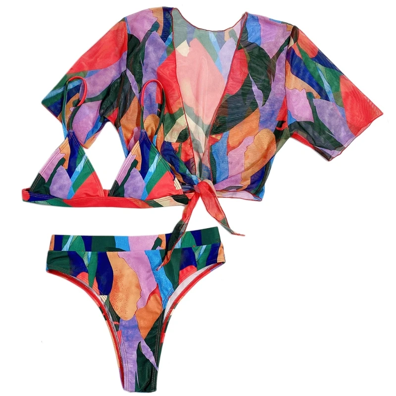 Женский сексуальный комплект бикини из 3шт для треугольного бразильского купальника с коротким рукавом, кардиган для купания с красочным принтом D5QD