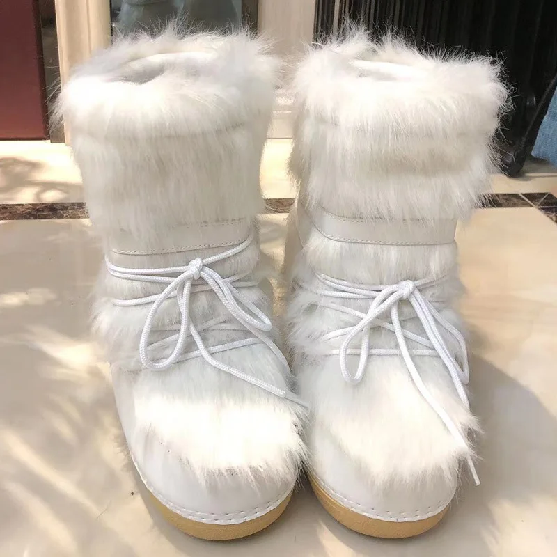 Зимние ботинки 2023 года, женские лыжные ботинки, пушистая ворсистая шнуровка, платформа до середины икры, плоские белые лыжные ботинки, женские ботинки