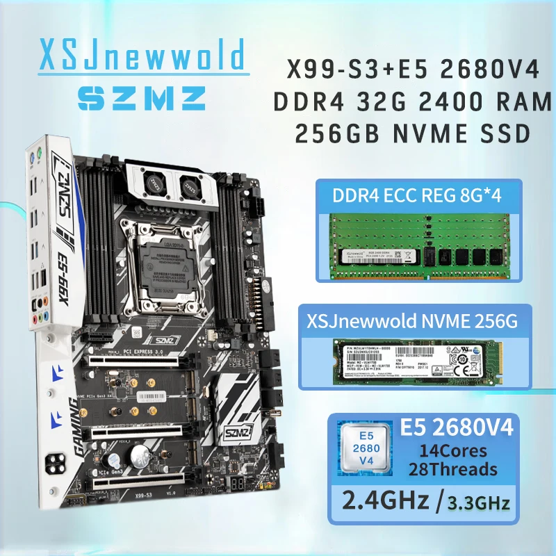 Игровой комплект материнской платы SZMZ X99-S3 с E5 2680V4 DDR4 2400 4*8G = 32 ГБ оперативной памяти Quad Channel XSJnewwold GEN3X4 256 ГБ SSD kit xeon x99